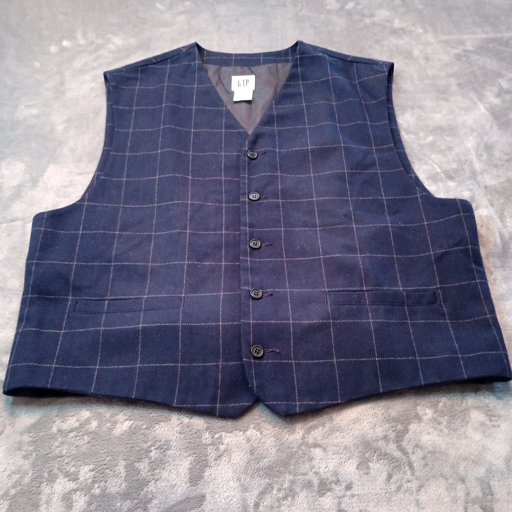 Vintage GAP Vest Waist Coat Mens XL Black Wool‎ Blend Preppy Windowpane Academia